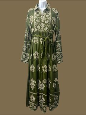 Women’s Long Sleeves Embroidered Shirt Maxi Dress Cottage Boho Western One Size